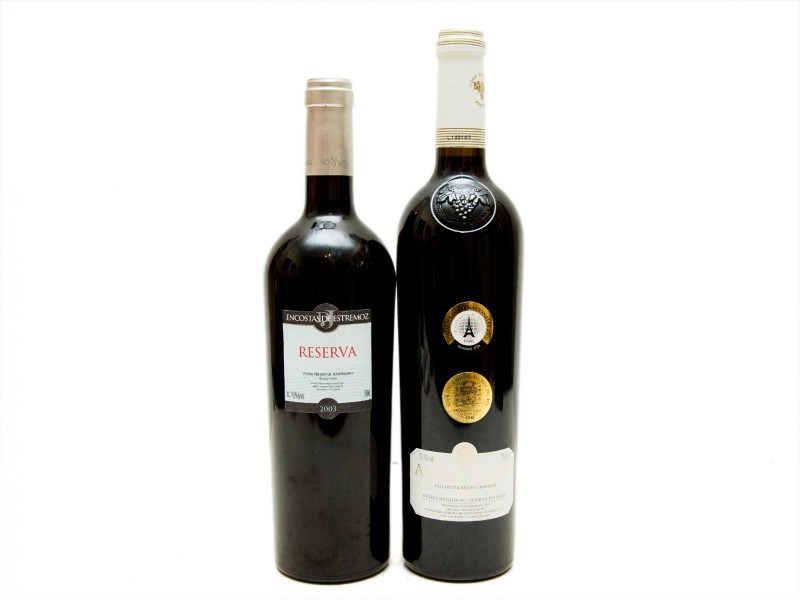 DUAS GARRAFAS DE VINHO TINTO DE MESA DO ALENTEJO E DE TERRAS DO SADO