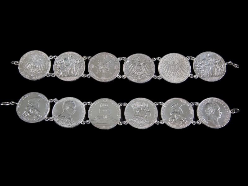 PULSEIRA DE SENHORA COM MOEDAS DO IMPÉRIO ALEMÃO COMEMORATIVAS DA BATALHA DE LEIPZIG